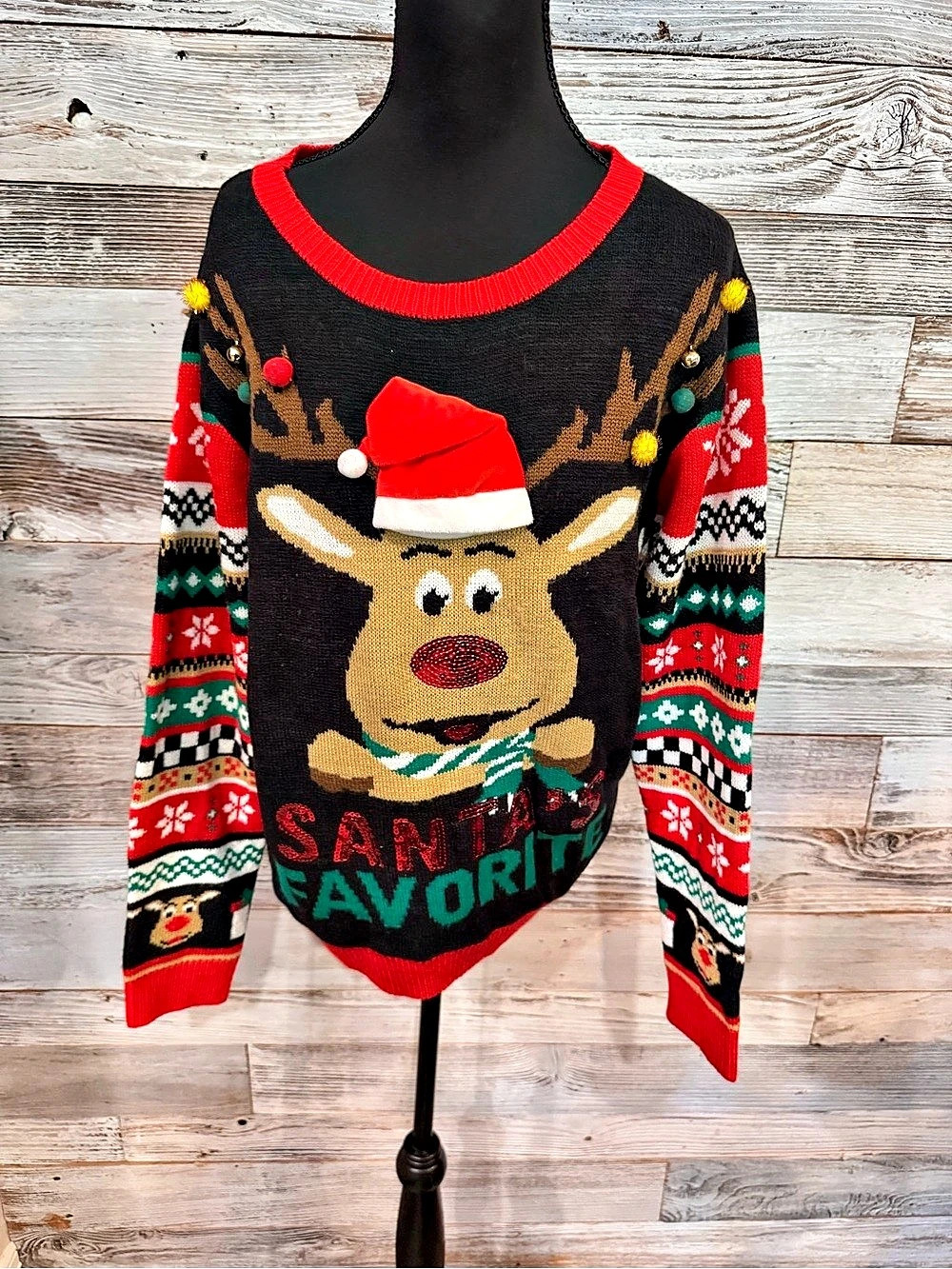 No Boundaries Santa's Favorite Reindeer Ugly Christmas Sweater Black & Red XL